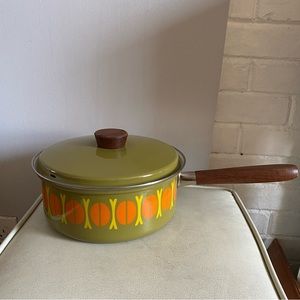 vintage Austria Email orange avocado green cooking pot pan lid wood handle as is